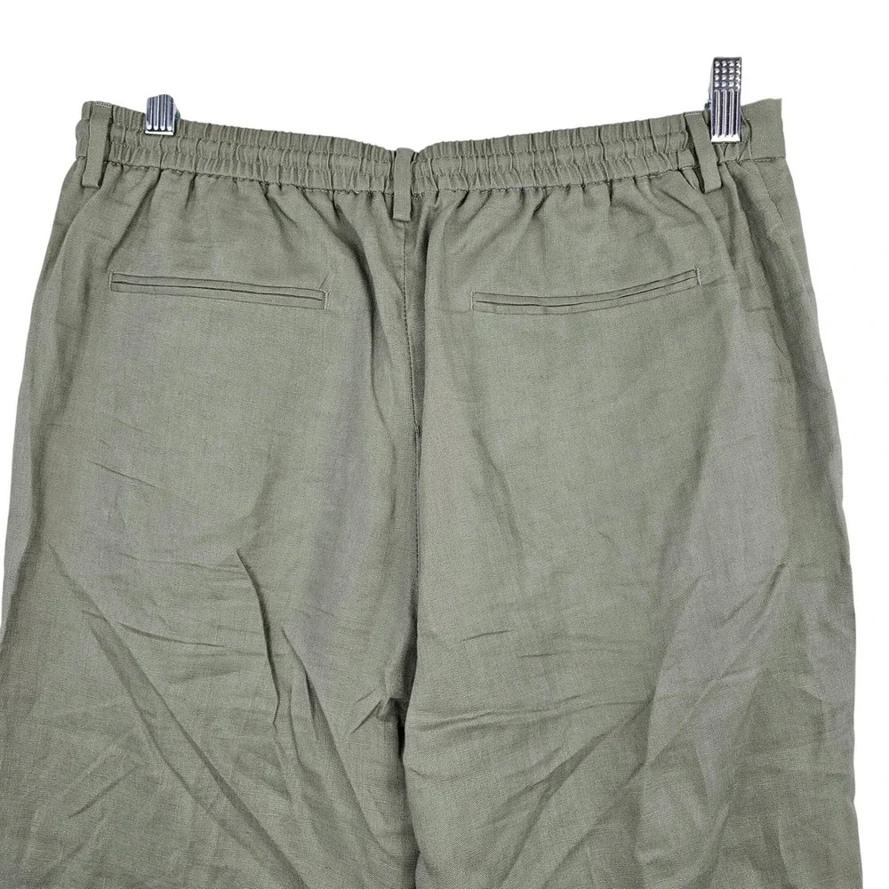Zara Sage Green Linen Blend Drawstring Elastic Waist Straight‎ Leg Pants